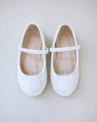 Rock Glitter Mary Jane Ballet Flats with White Faux Fur Puff