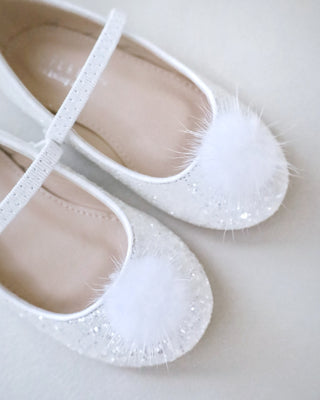 Rock Glitter Mary Jane Ballet Flats with White Faux Fur Puff