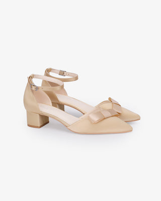 Champagne Satin Pointy Toe Low Block Heels Evening Shoes with Celina Bow