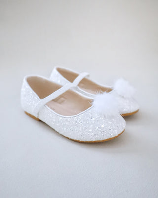 Rock Glitter Mary Jane Ballet Flats with White Faux Fur Puff