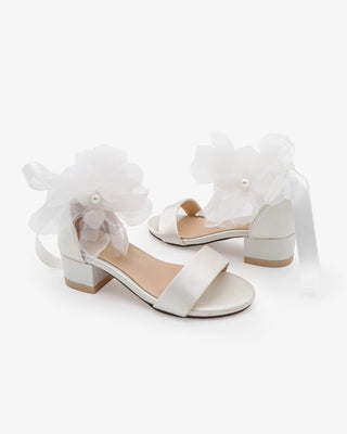 White Satin Flower Girls Block Heel Sandals with Ophelia Flowers