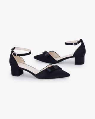 Black Satin Pointy Toe Low Block Heels Evening Shoes with Celina Bow