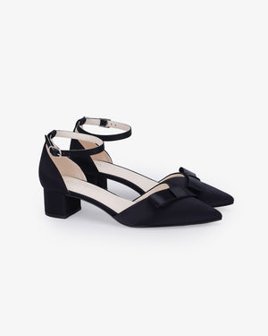Satin Pointy Toe Low Block Heels Evening Shoes with Celina Bow