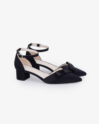 Black Satin Pointy Toe Low Block Heels Evening Shoes with Celina Bow