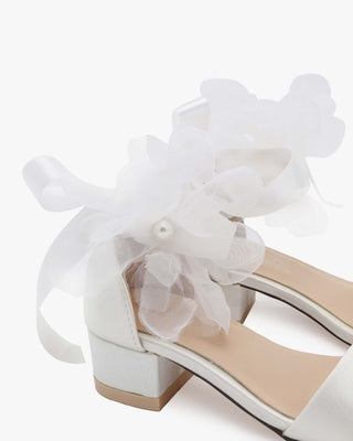 White Satin Flower Girls Block Heel Sandals with Ophelia Flowers
