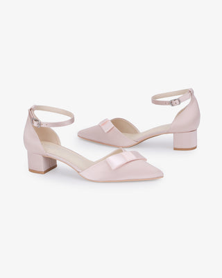 Dusty Pink Satin Pointy Toe Low Block Heels Evening Shoes with Celina Bow