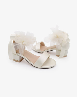 Ivory Satin Flower Girls Block Heel Sandals with Ophelia Flowers