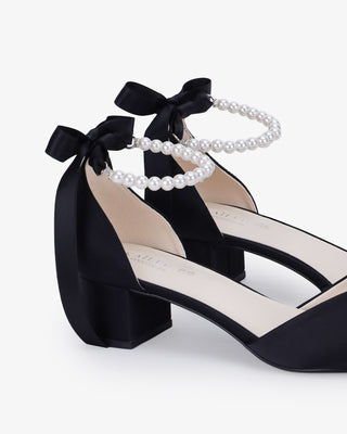 Black Satin Pointy Toe Low Block Heels Evening Shoes with All Pearls Strap
