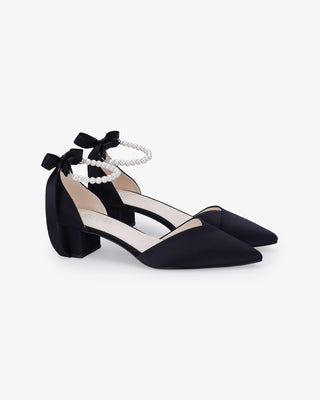 Black Satin Pointy Toe Low Block Heels Evening Shoes with All Pearls Strap