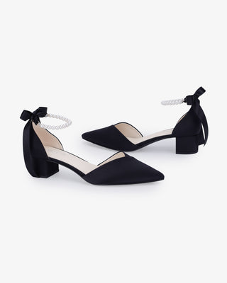 Black Satin Pointy Toe Low Block Heels Evening Shoes with All Pearls Strap