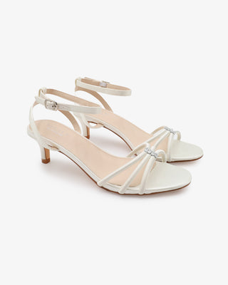 Ivory satin with kitten heels strappy wedding sandals with rhinestones embellishments