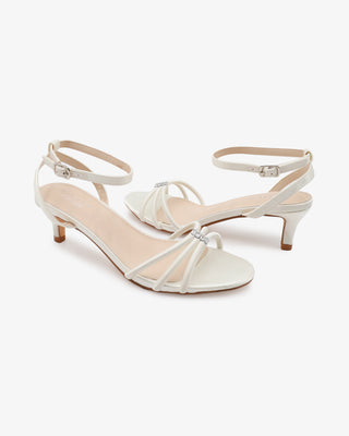 Ivory satin with kitten heels strappy wedding sandals with rhinestones embellishments