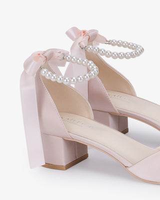 Dusty Pink Satin Pointy Toe Low Block Heels Evening Shoes with All Pearls Strap