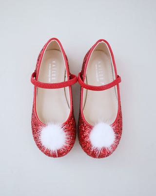 Rock Glitter Mary Jane Ballet Flats with White Faux Fur Puff