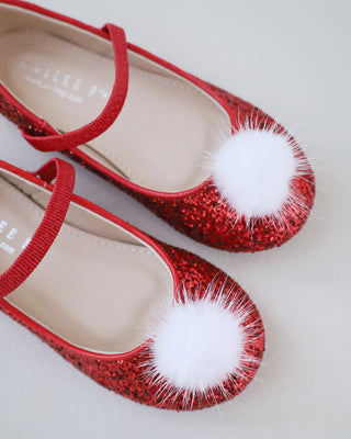Rock Glitter Mary Jane Ballet Flats with White Faux Fur Puff