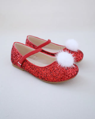 Rock Glitter Mary Jane Ballet Flats with White Faux Fur Puff