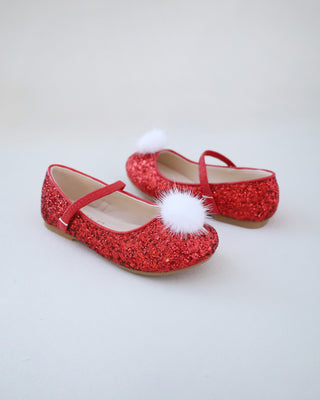 Rock Glitter Mary Jane Ballet Flats with White Faux Fur Puff