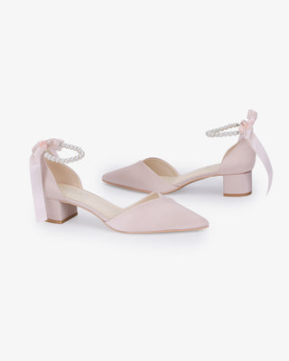 Dusty Pink Satin Pointy Toe Low Block Heels Evening Shoes with All Pearls Strap
