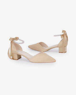 Champagne Satin Pointy Toe Low Block Heels Evening Shoes with All Pearls Strap
