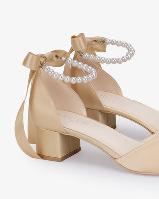 Champagne Satin Pointy Toe Low Block Heels Evening Shoes with All Pearls Strap