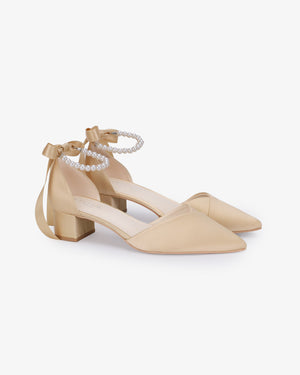 Satin Pointy Toe Low Block Heels Evening Shoes with All Pearls Strap