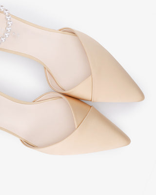 Champagne Satin Pointy Toe Low Block Heels Evening Shoes with All Pearls Strap
