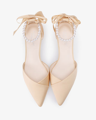 Champagne Satin Pointy Toe Low Block Heels Evening Shoes with All Pearls Strap