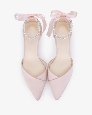 Dusty Pink Satin Pointy Toe Low Block Heels Evening Shoes with All Pearls Strap