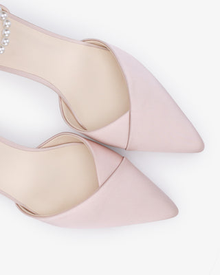 Dusty Pink Satin Pointy Toe Low Block Heels Evening Shoes with All Pearls Strap