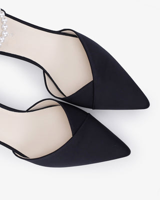 Black Satin Pointy Toe Low Block Heels Evening Shoes with All Pearls Strap