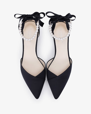 Black Satin Pointy Toe Low Block Heels Evening Shoes with All Pearls Strap