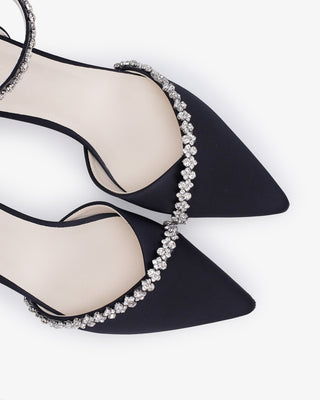 Satin Pointy Toe Low Block Heels Evening Shoes with Amaryllis EmbellishmentsWomen Shoes