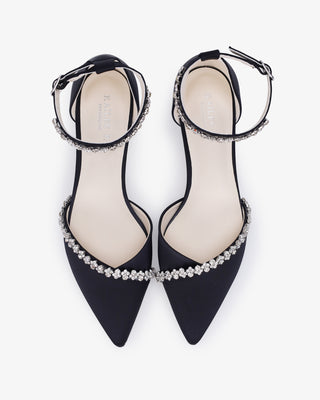 Satin Pointy Toe Low Block Heels Evening Shoes with Amaryllis EmbellishmentsWomen Shoes