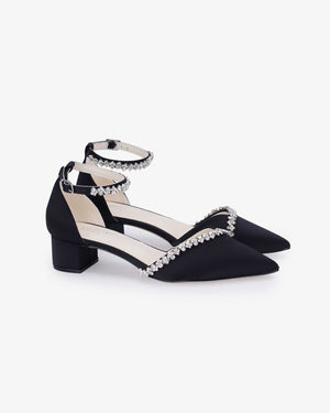 Satin Pointy Toe Low Block Heels Evening Shoes with Amaryllis Embellishments