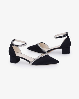 Satin Pointy Toe Low Block Heels Evening Shoes with Amaryllis EmbellishmentsWomen Shoes