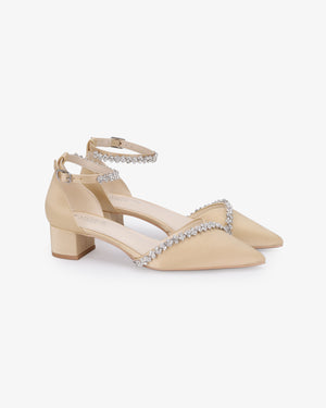 Satin Pointy Toe Low Block Heels Evening Shoes with Amaryllis Embellishments