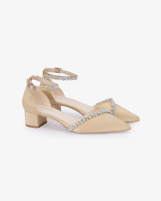 Satin Pointy Toe Low Block Heels Evening Shoes with Amaryllis EmbellishmentsWomen Shoes