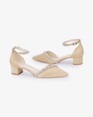 Satin Pointy Toe Low Block Heels Evening Shoes with Amaryllis EmbellishmentsWomen Shoes