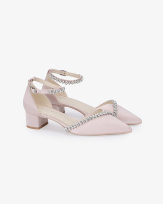 Satin Pointy Toe Low Block Heels Evening Shoes with Amaryllis EmbellishmentsWomen Shoes