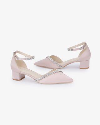 Satin Pointy Toe Low Block Heels Evening Shoes with Amaryllis EmbellishmentsWomen Shoes