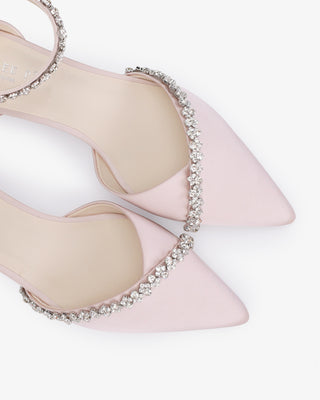Satin Pointy Toe Low Block Heels Evening Shoes with Amaryllis EmbellishmentsWomen Shoes