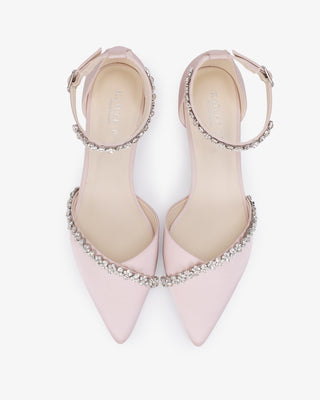 Satin Pointy Toe Low Block Heels Evening Shoes with Amaryllis EmbellishmentsWomen Shoes