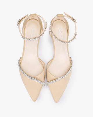 Satin Pointy Toe Low Block Heels Evening Shoes with Amaryllis EmbellishmentsWomen Shoes