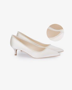 Satin Pointy Toe Kitten Heel Wedding Pumps with Mini Pearls