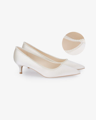 Ivory Satin Pointy Toe Kitten Heel Wedding Pumps with Mini Pearls