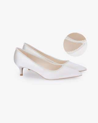 White Satin Pointy Toe Kitten Heel Wedding Pumps with Mini Pearls