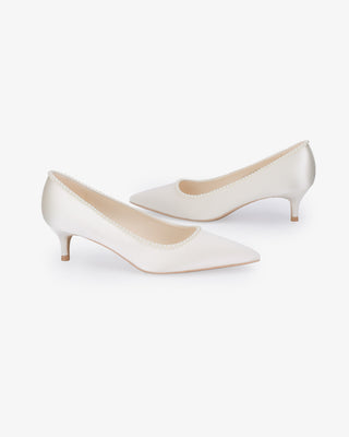 Ivory Satin Pointy Toe Kitten Heel Wedding Pumps with Mini Pearls