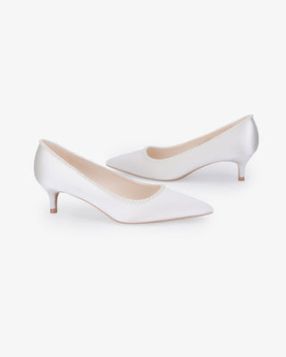 White Satin Pointy Toe Kitten Heel Wedding Pumps with Mini Pearls