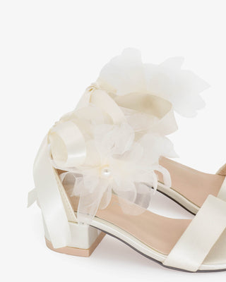Ivory Satin Flower Girls Block Heel Sandals with Ophelia Flowers