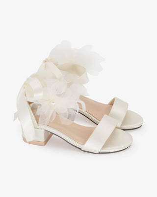 Ivory Satin Flower Girls Block Heel Sandals with Ophelia Flowers